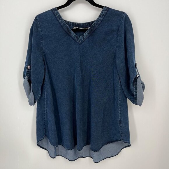 Soft Surroundings Womens Chambray Pullover Top Size S Petite Roll Tab Oversized - Picture 1 of 12